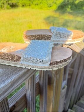 Andiamo Embellished Slide Sandals | Rhinestone Espadrille Platform | Size 7M